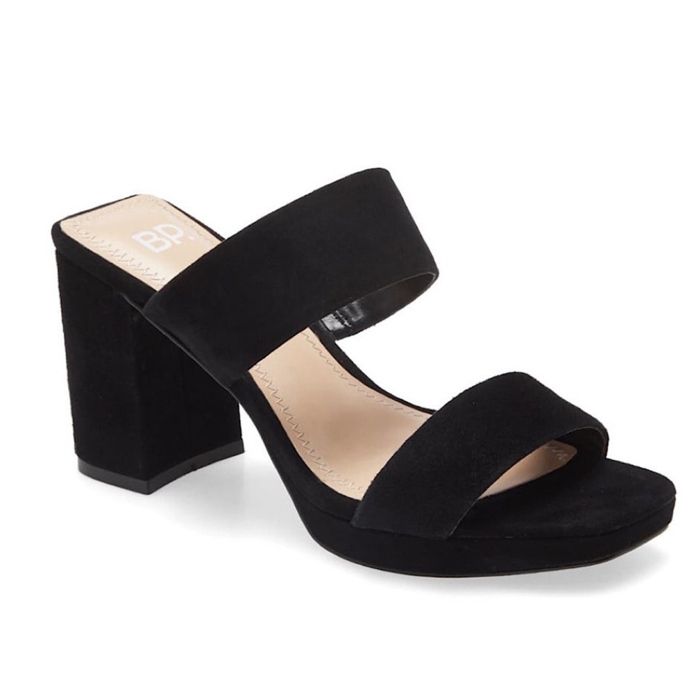 NEW BP. Karly Platform Black Suede Slide Sandal Block Heels 7.5